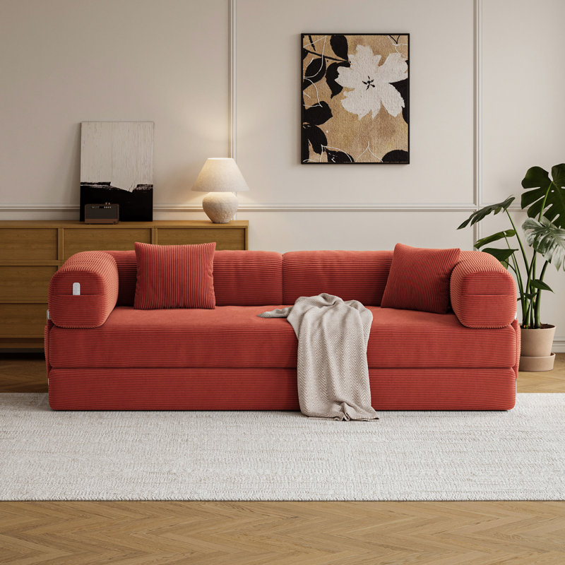 78.7 Inch 5 in 1 Sofa Bed Convertible, No Tools Assembly Sleeper Sofa, Modern FrameLess Futon, Washable Corduroy Couch, Oversized for Small Space, Grey, 2 Pillows Included, Orange