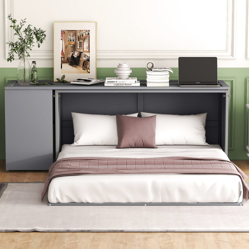 Grand lit avec bureau portable, blanc, construction compacte et écoénergétique, Blanc