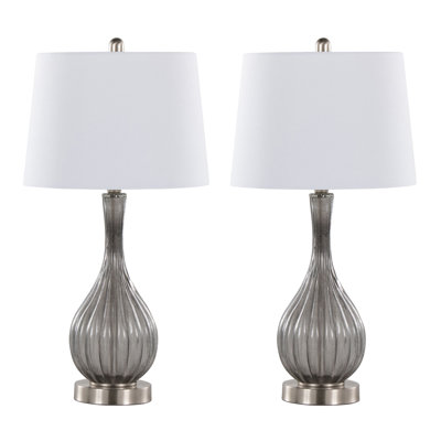 Jenny 27" Contemporary Glass Table Lamp in Clear Smokey Crackle Glass, Brushed Nickel and White Linen Shade from Grandview Gallery  - Set of 2