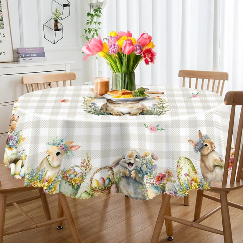 Nappe de Pâques ronde 70 pouces - Décorations de Pâques en tissu écossais kaki pour la maison - Nappe de printemps lapin résistante à l'eau, décoration florale pour la maison, la table, la fête