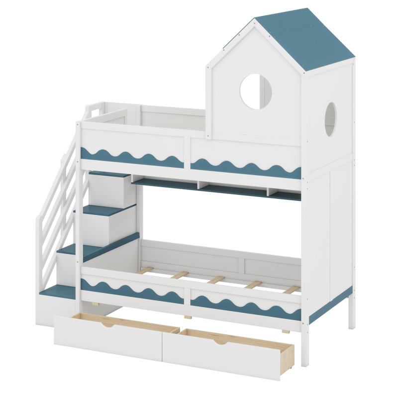 Lit mezzanine fonctionnel avec silhouette de maison, tiroir de rangement, escalier et éclairage à DEL, Blanc