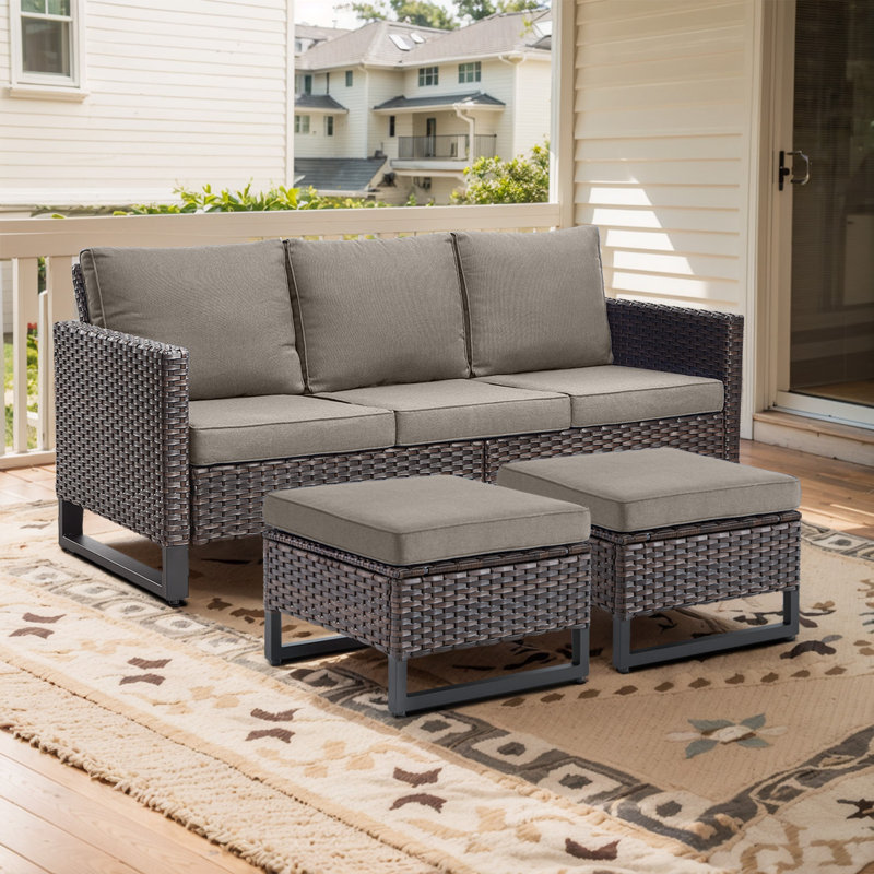 Nazime 74.02" Wide Outdoor Wicker Patio Sofa with Cushions and Ottomans, Gray, Brown