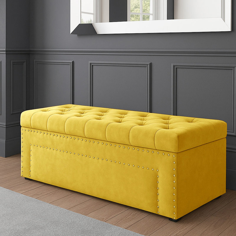 Duke Ottoman Storage Box - Chesterfield Upholstered Blanket Box - Plush Velvet Ottoman Bench with Storage, Mustard Gold