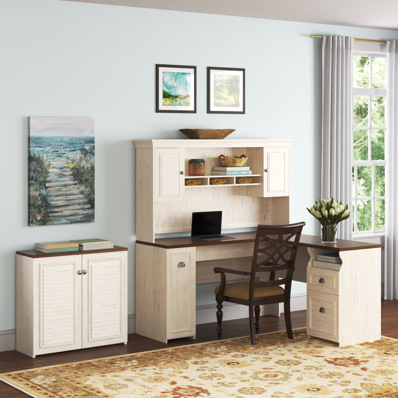 Ensemble de bureau 4 pièces avec rehausse Huckins, Blanc antique / érable thé