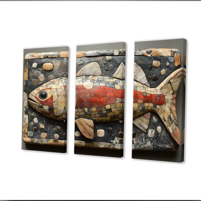 Poisson inuit canadien dans des tons rouges et noirs - ensemble de décoration murale d'art inuit canadien, Toile tendue