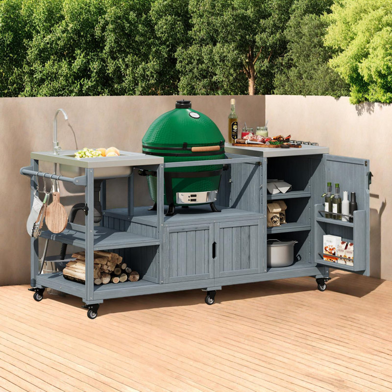 Îlot de cuisine extérieur 75,4 po, chariot à roulettes pour œuf vert XL, plateau en acier inoxydable, Bleu gris