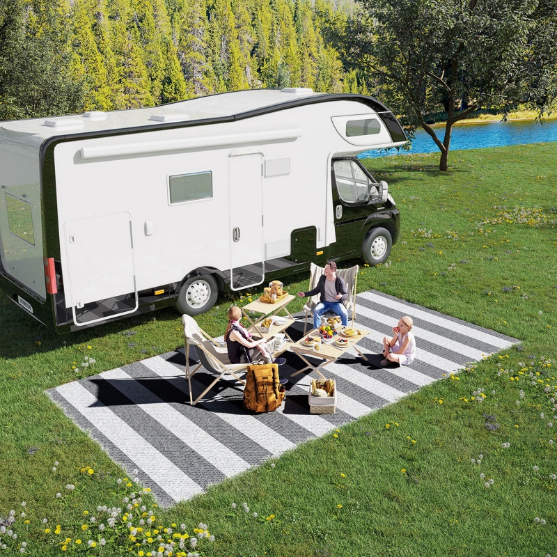 Outdoor Rug with Bag, 9' x 18' Camping Rug, Grey & White, Rectangle 8'11" x 17'11"