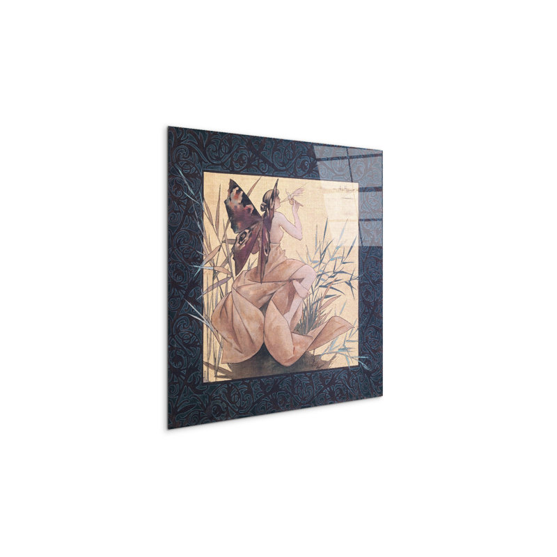 Winged nymph blowing amongst reeds by Alexandre de Riquer 58x58 Cm Frameless Panel Lightweight Ready to Hang, CrystalArt