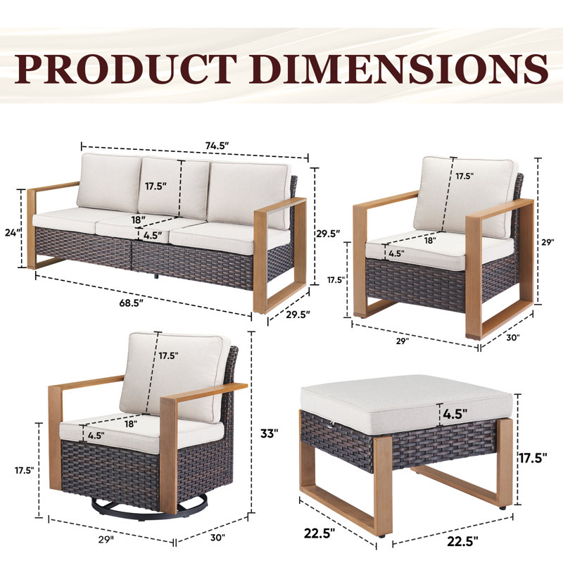 Drazen Wicker Outdoor Seating Group with Cushions, Beige, Brown