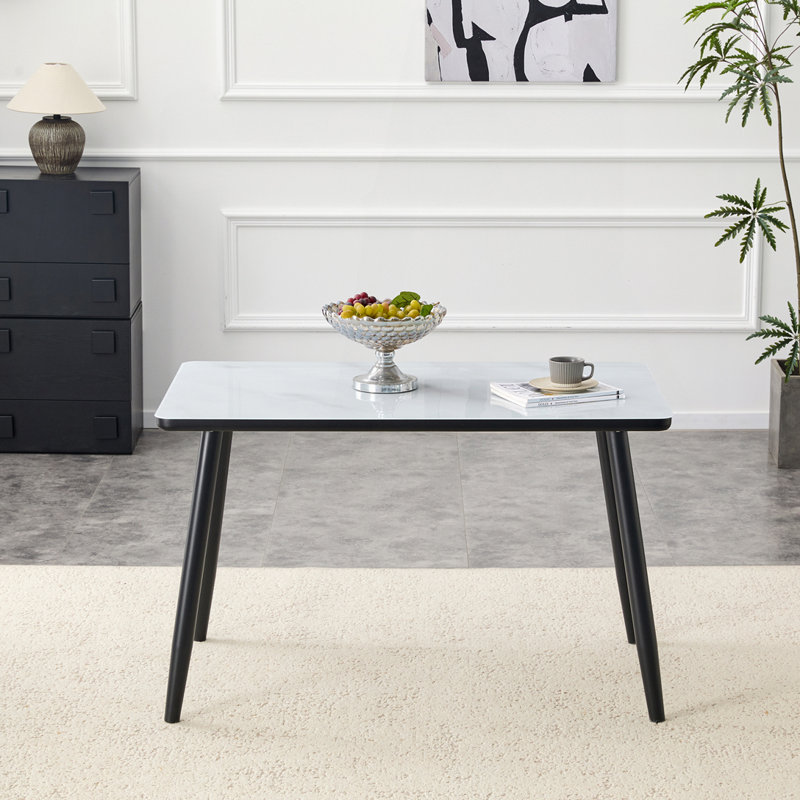 Modern Minimalist Glass Dining Table with Marble Texture, White/Black