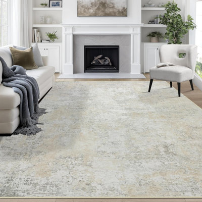 8'X10' Washable Area Rug, Beige Browny Abstract Design, Non-Slip Indoor Rug For Living Room, Dining Room, Bedroom, Nursery & Home Office