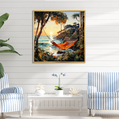 Coucher de soleil hamac près de la plage II - art mural côtier tropical