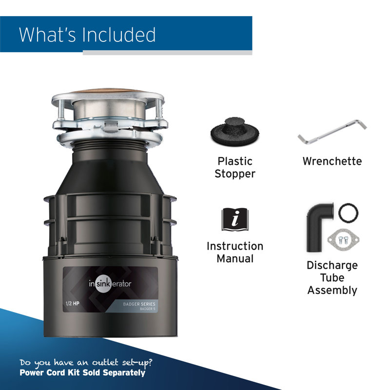 Badger Series 1/2 HP Continuous Feed Garbage Disposal, Power Cord Not Included