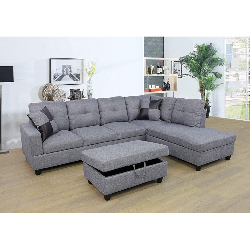 Palmer Square Upholstered Sectional, Right Hand Facing, Gray 100% Linen
