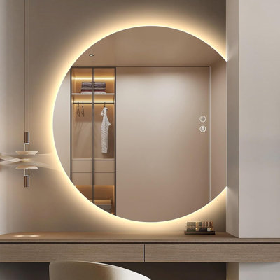 Miroir de salle de bain demi-lune à DEL rond pour mur, miroir à DEL irrégulier de 28 po avec anti-buée, 3 couleurs ajustables, à intensité variable, miroir de maquillage semi-circulaire pour salle de bain, anti-déflagrant