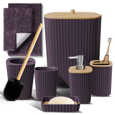 Ensemble complet d'accessoires de salle de bain 8 pièces avec accents en bambou, poubelle, brosse de toilette et 2 tapis de bain inclus