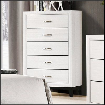 Commode 1 pièce de style contemporain avec un design moderne à deux tons, des pieds en bois, des poignées de barre en nickel et une finition blanche pour les meubles de chambre à coucher