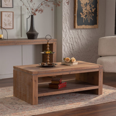 Solid Wood,Rectangle Coffee Table With Solid Wood For Living Room, Large 2-Tier Rustic Coffee Table With Storage Shelf, Office And Apartment, Easy Assembly