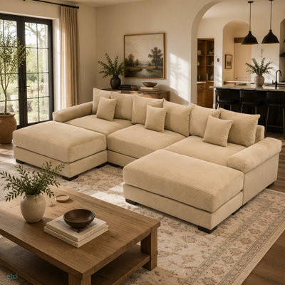 130"  Oversized Cloud Modular Sectional Couch, Premium Corduroy Fabric,3-Seater Deep Seat Wide Armrests, With Chaise,Ergonomic Design,Easy Assembly For Lounges Living Room,Cream