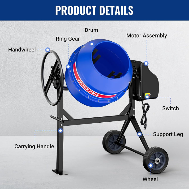 4.6 Cu.Ft. Electric Cement Mixer, 600W Portable Concrete Mixer