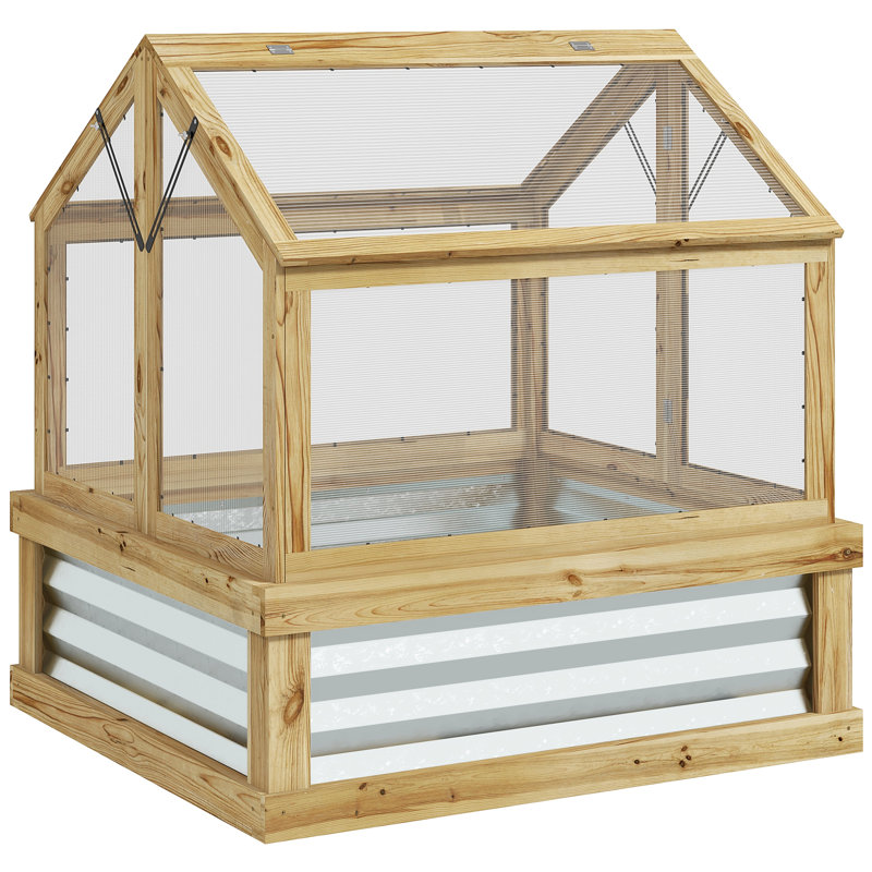 Outsunny Raised Garden Bed With Polycarbonate Greenhouse, Garden Wooden Cold Frame Greenhouse Flower Planter Protection, Peak Roof, 35.5" X 31.5" X 36", Natural