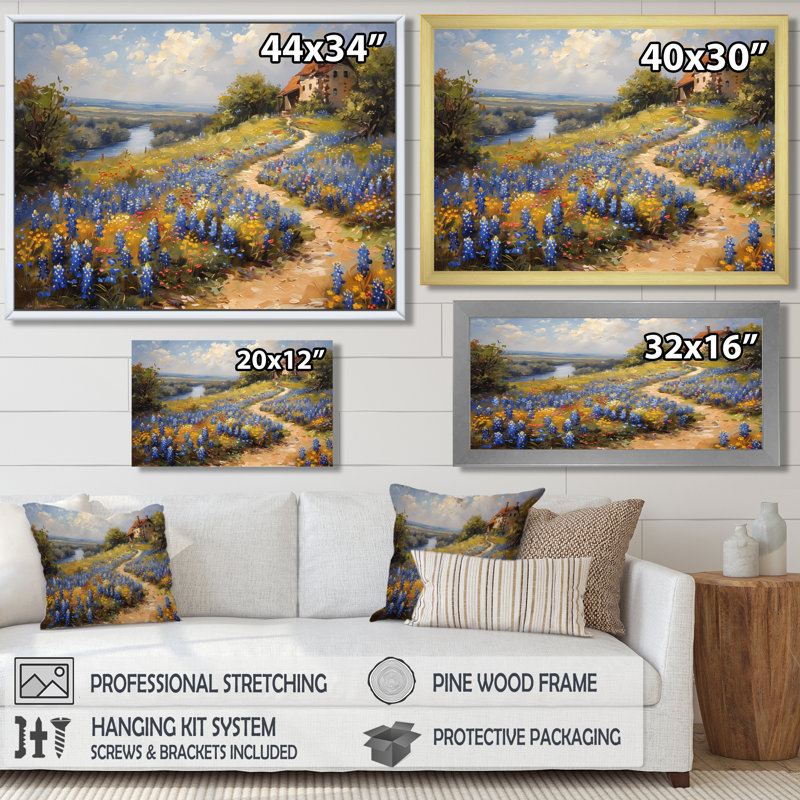 Bleu et vert pré breloque bleu Bonnets VII - Blue Bonnets Wall Art Living Room, Toile tendue, H 34 po x l 44 po x P 1,5 po