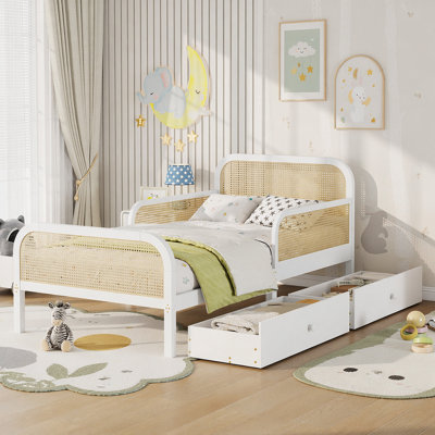 Structure de lit plateforme simple avec 2 tiroirs de rangement, lit en rotin pour enfants avec tête et pied de lit, blanc