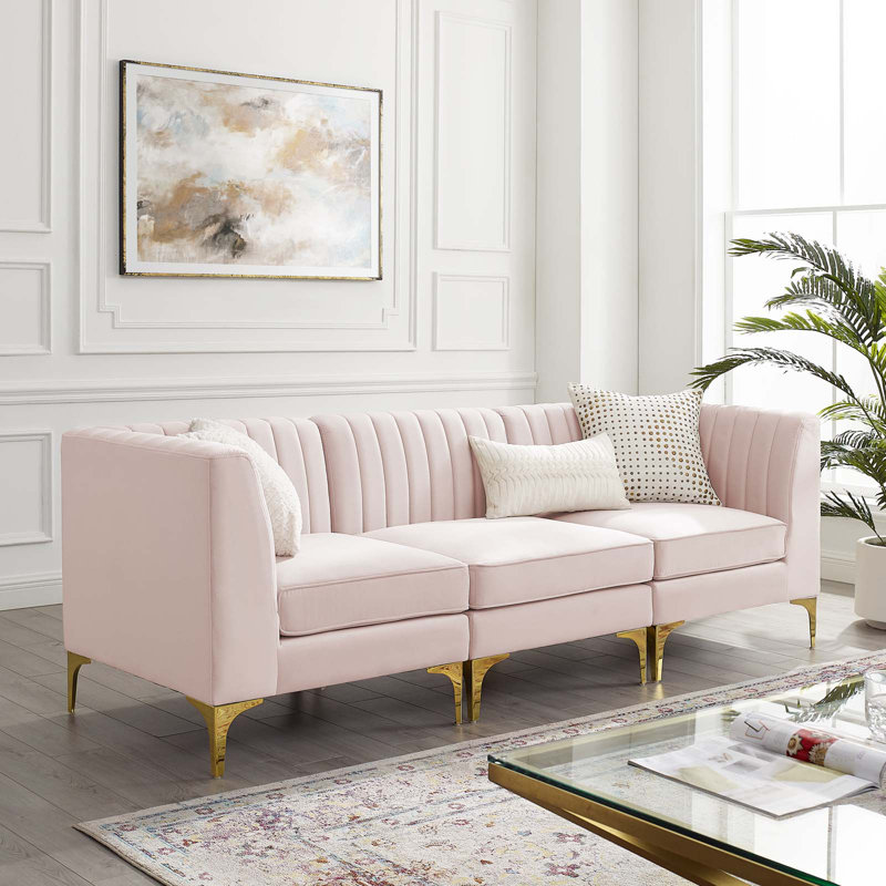 Triumph Channel Tufted Performance Velvet 3-Seater Sofa, Pink