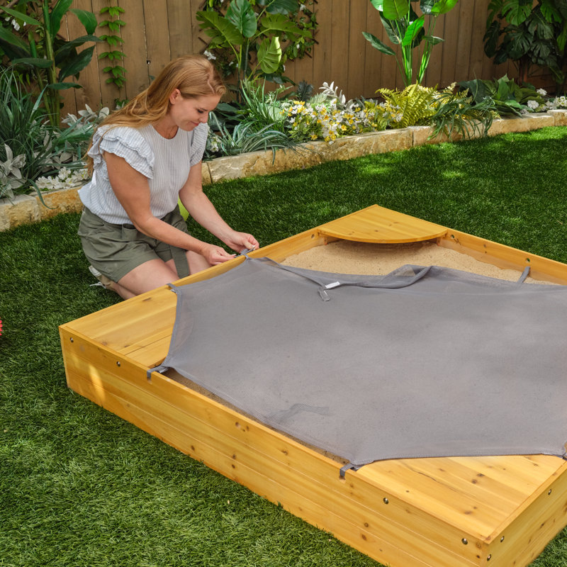 Honey Wood Square Sandbox with Built-in Seating and Mesh Cover