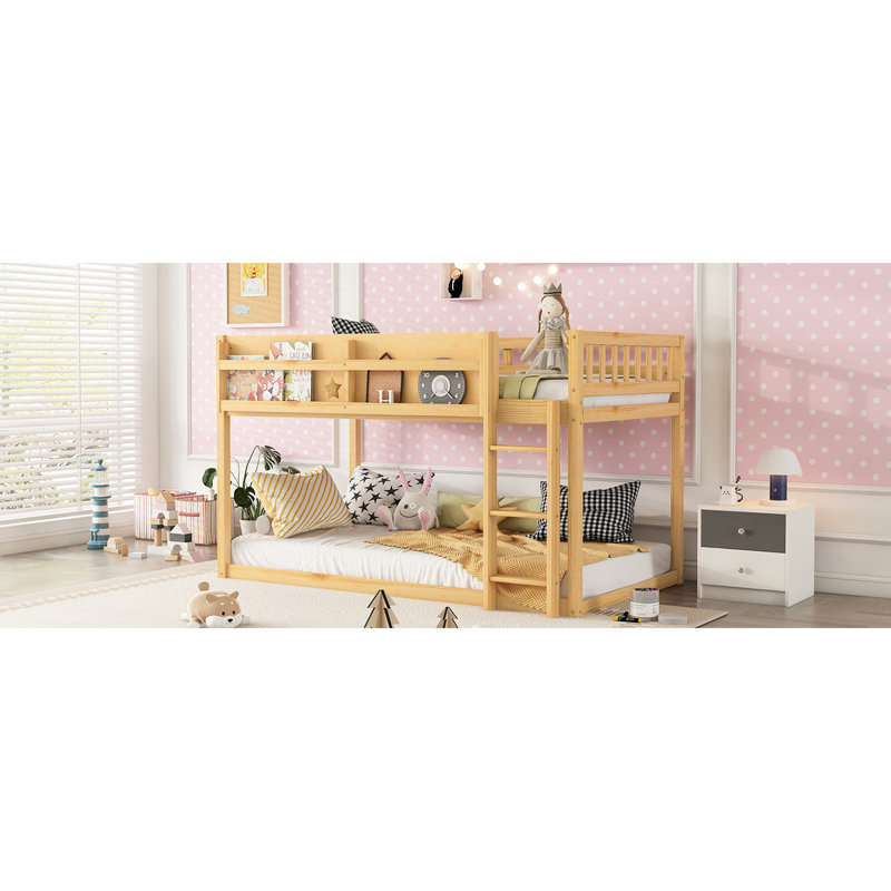 Lit superposé simple en bois massif pour plancher bas avec rangement pour livres et coussins Loft convertible en rangement, garde-corps pleine longueur, 3 marches idéales pour petites chambres, capacité de poids de 250 lb