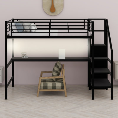 Lit mezzanine en métal avec bureau, escalier de rangement, petite armoire et lumière DEL