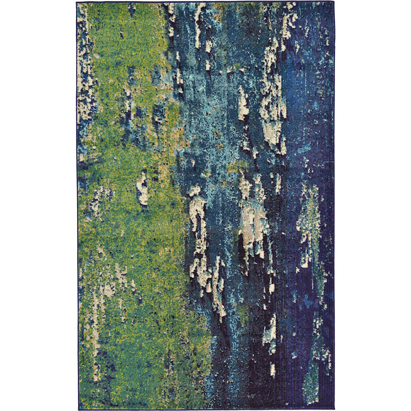 Tapis bleu marine à motif géométrique shirey, Rectangle 5 pi x 8 pi