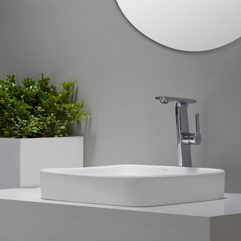 White Ceramic Square Semi-Recessed Vessel Sink with Overflow