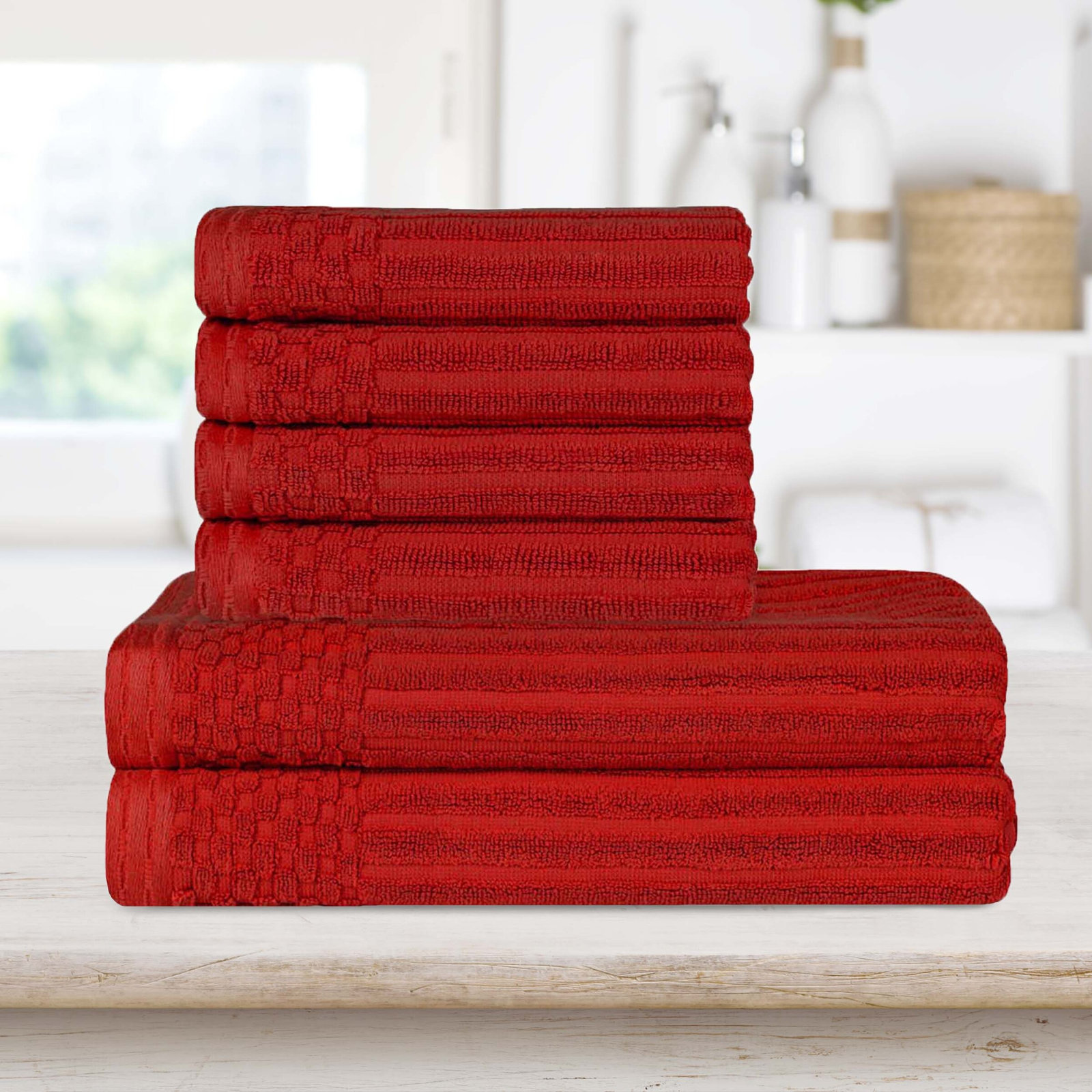 6-Piece Ribbed Cotton Towel Set, Burgundy