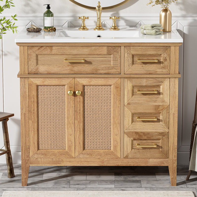 Meuble-lavabo à structure en bois d'hévéa 36 po avec lavabo en céramique et rangement polyvalent, Brun