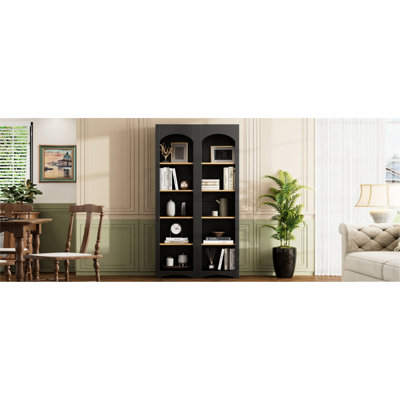 Bibliothèque à 5 niveaux, 2 armoires, noir avec tablettes réglables, pour paire d'armoires de balcon, pièces, bureau personnel