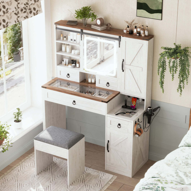 Farmhouse Vanity Desk With Sliding Mirror And Lights, Vanity Set With Glass Top And Charging Station ,Dressing Table With 4 Drawers And 2 Cabinets, Dressing Table With Stool For Bedroom