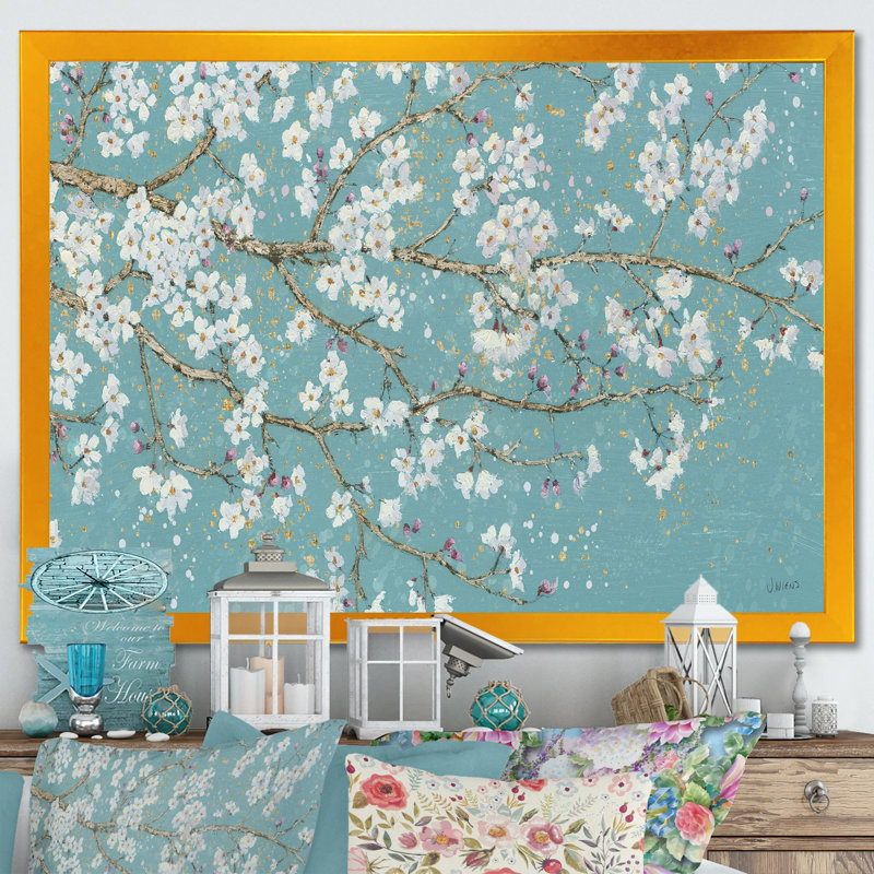 «Blue April Tree», reproduction d'art sur toile, H 36 po x l 46 po x P 1,5 po, Cadre doré