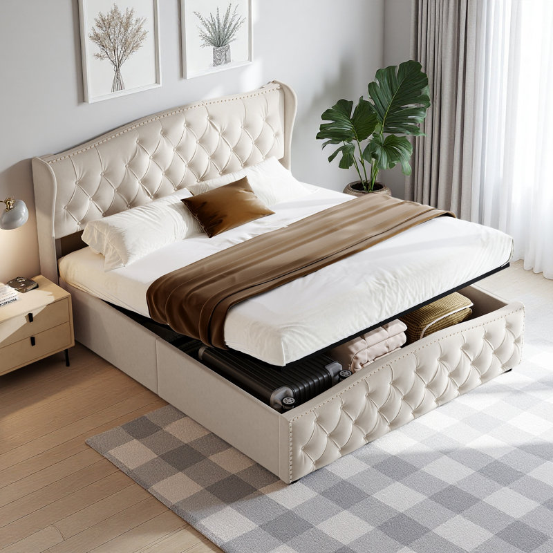 Upholstered Storage Bed Frame, Double (4'6), Beige