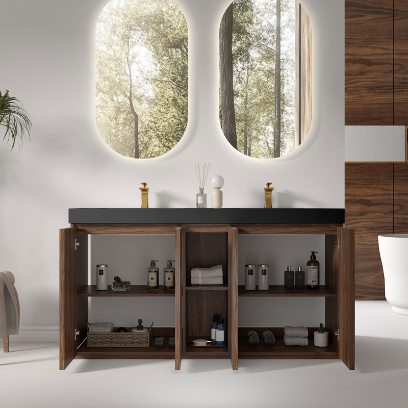 Meuble-lavabo double 60 po avec surface solide 60 po, Noir / brun, Monotrou