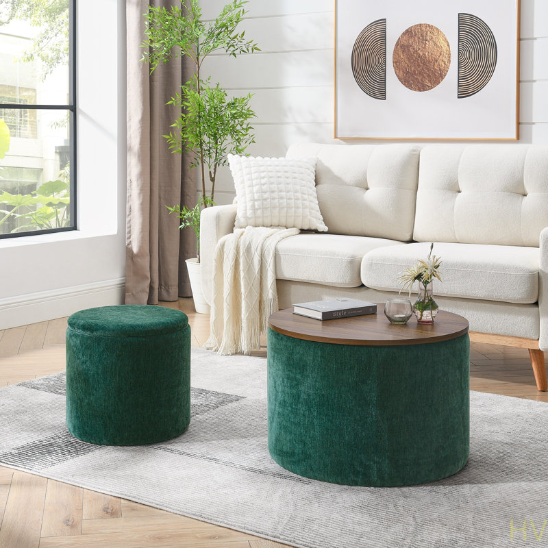 Ensemble de 2 repose-pieds ronds en chenille avec rangement, équipé d'un petit tabouret en forme de tambour, d'un espace de rangement et d'un panneau de bureau en panneau de fibres à densité moyenne (23,62 po x 23,62 po x 16,53 po)