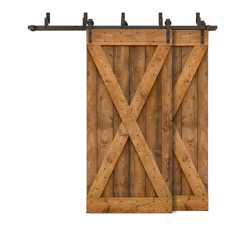 Porte de grange double à panneaux en bois teinté à panneau avec ensemble de quincaillerie coulissante, 44 po x 84 po, Noyer