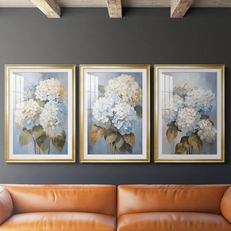 FLORAL Series Cxxxi - Impression encadrée sur mesure de qualité supérieure - 3 pièces, H 19 po x l 27 po, Doré