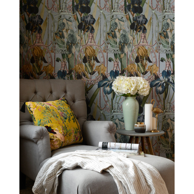 The Royal Garden Floral Wallpaper Roll, Anthracite/Blue/Green