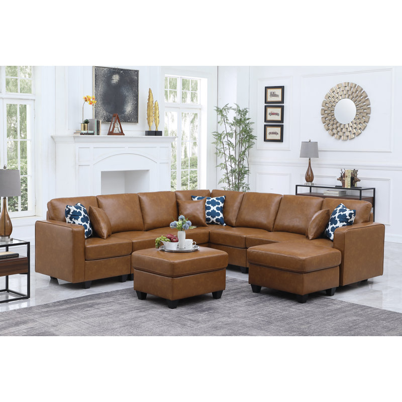 Canapé modulaire réversible en similicuir avec repose-pieds, Similicuir brun