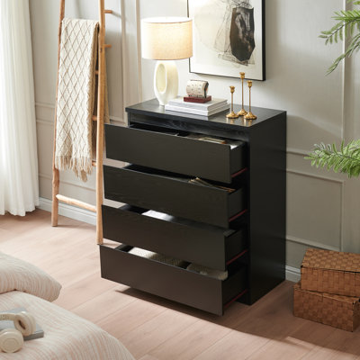 Commode 4 tiroirs moderne noire pour la chambre à coucher et le salon, coffre de rangement sans poignée et rangement pour garde-robe | Idée de cadeau