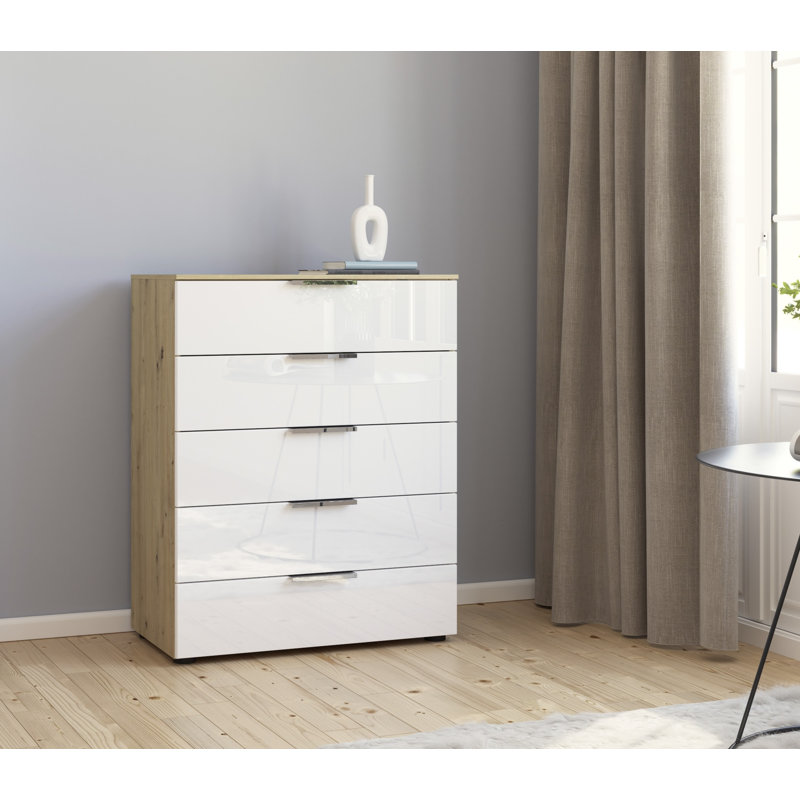 Flipp 5 - Drawer Chest of Drawers, Artisan Oak/White Glass/Chrome