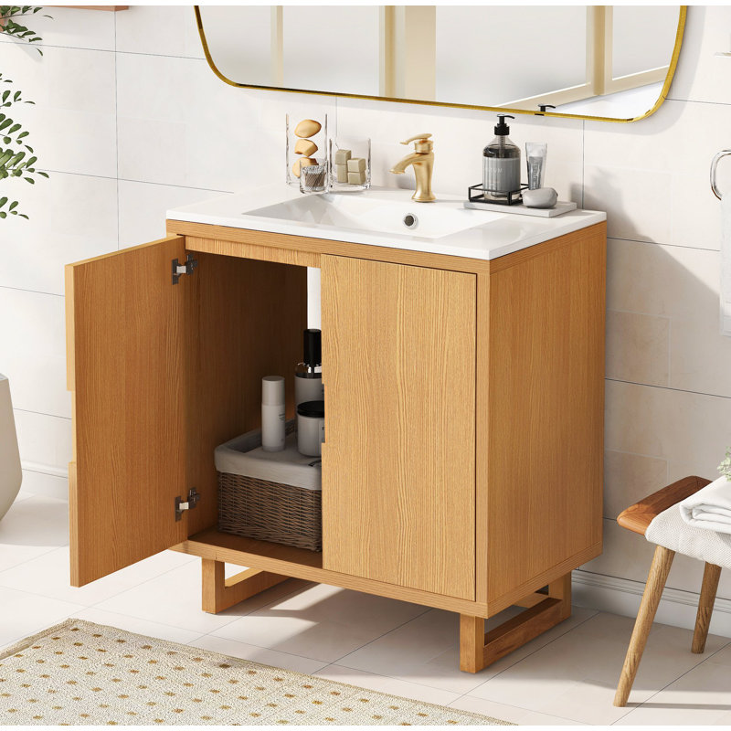 Solid Wood Frame Bathroom Vanity Set with Sink And Storage Cabinet, Burly Wood