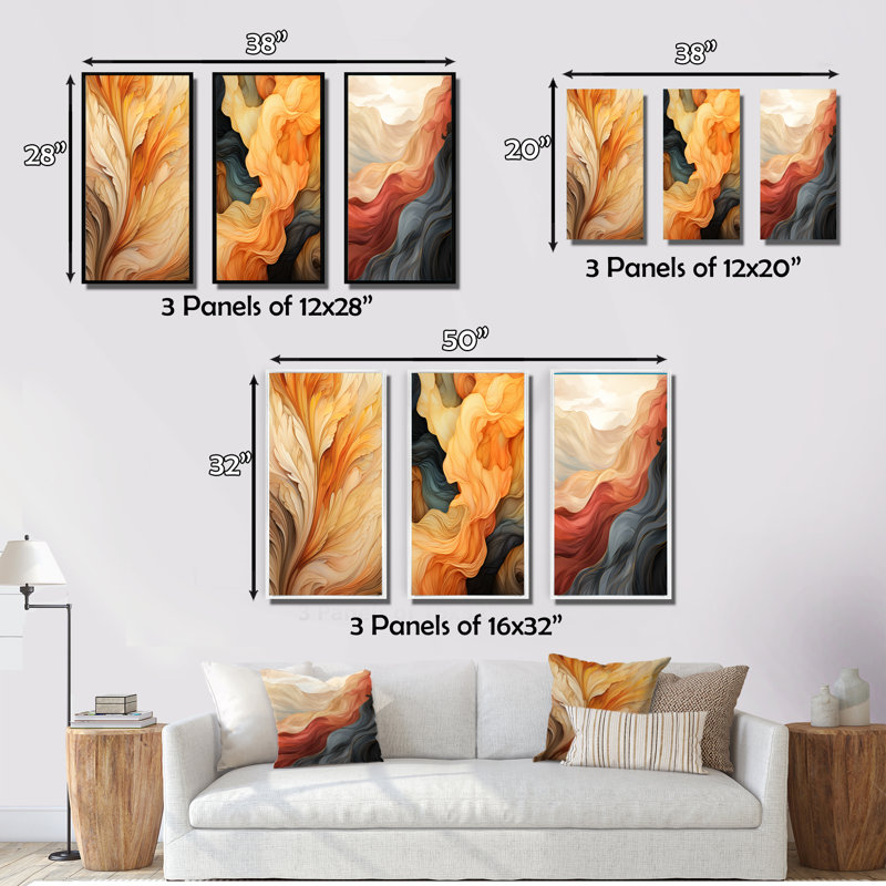 " Vintage Orange Ornamental Wave Elegance " 3 - Pieces, Gold Floater Framed, 28" H x 36" W