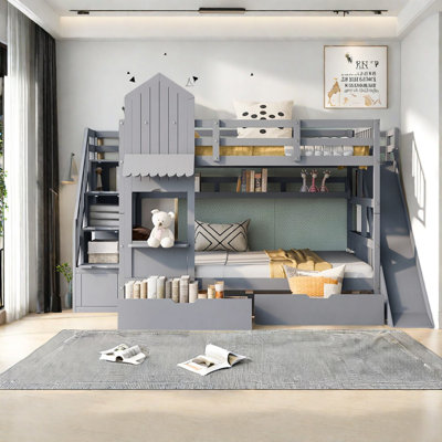 Lits simples superposés de style château, bois massif avec rangement et glissade